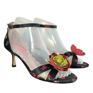 Betsey Johnson Mea Kitten Heels Women's Size 7.5 Black Floral Ankle Straps Shoes